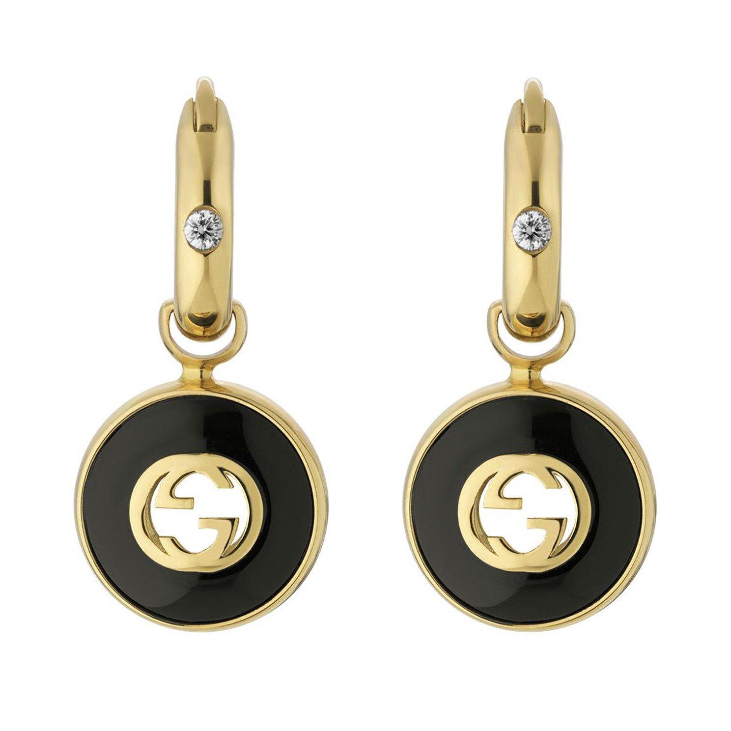 Gucci Interlocking 18ct Yellow Gold Diamond Onyx Drop Earrings