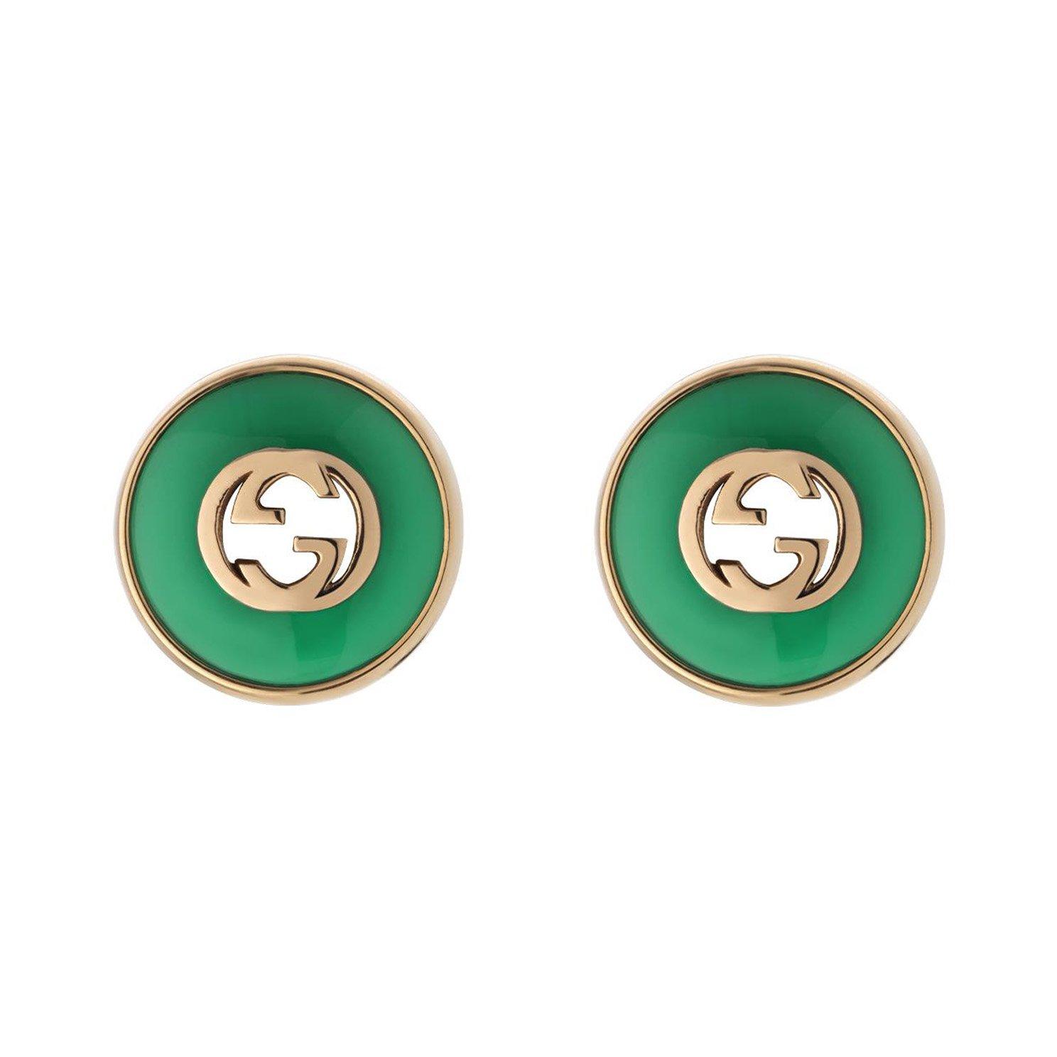 Gucci Interlocking 18ct Rose Gold Green Stud Earrings