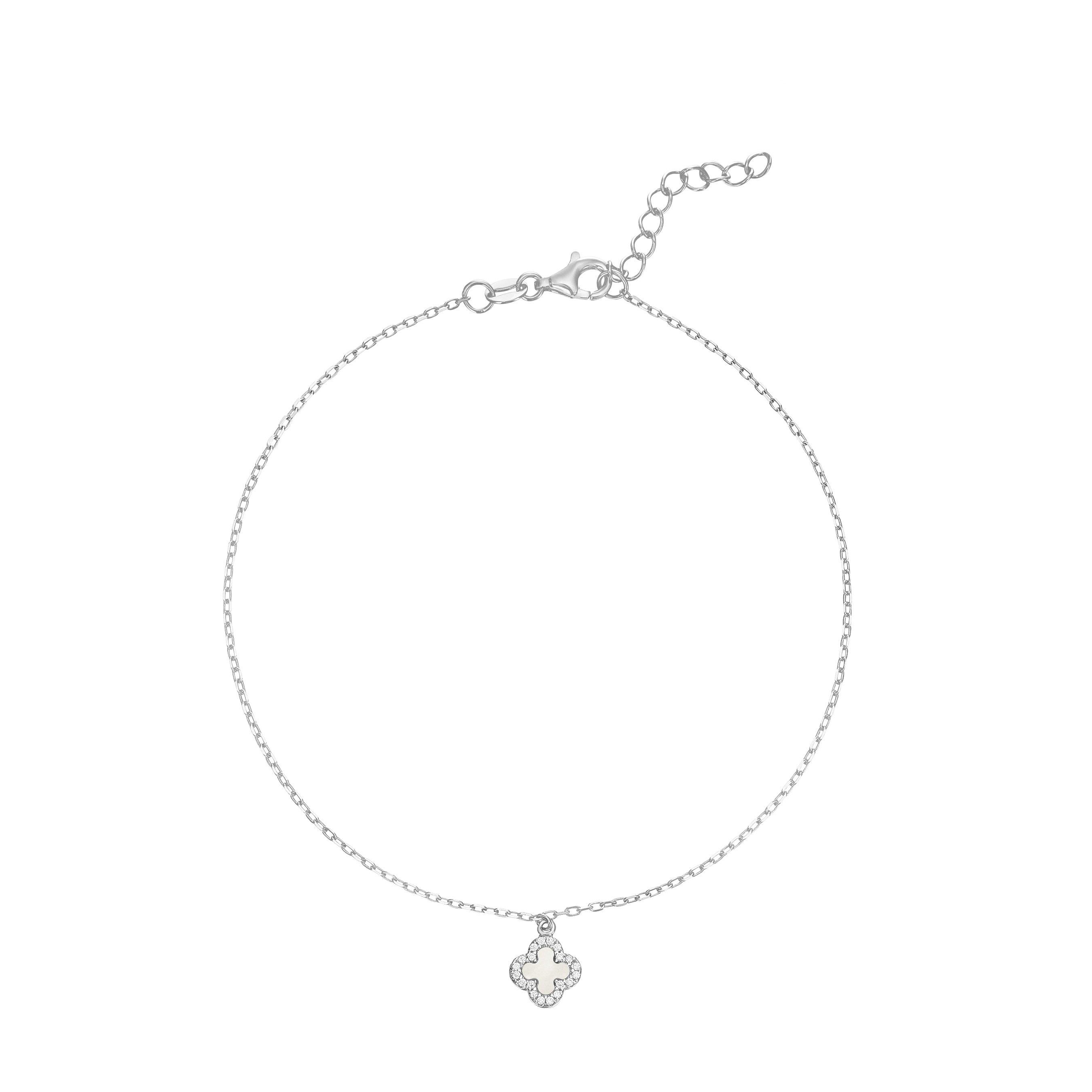 Beaverbrooks Silver Cubic Zirconia and Mother of Pearl Clover Anklet