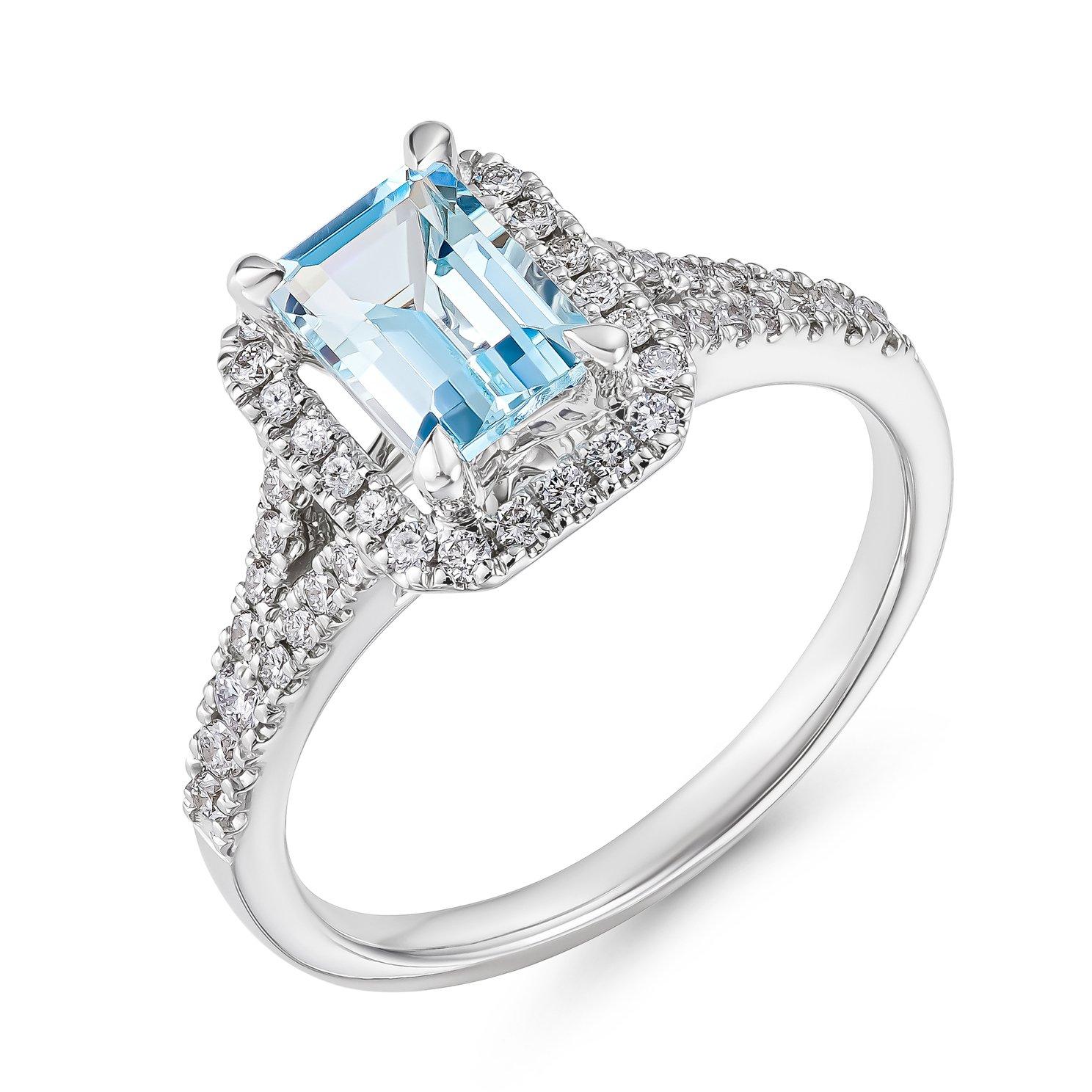 Beaverbrooks 18ct White Gold Diamond Aquamarine Halo Engagement Ring