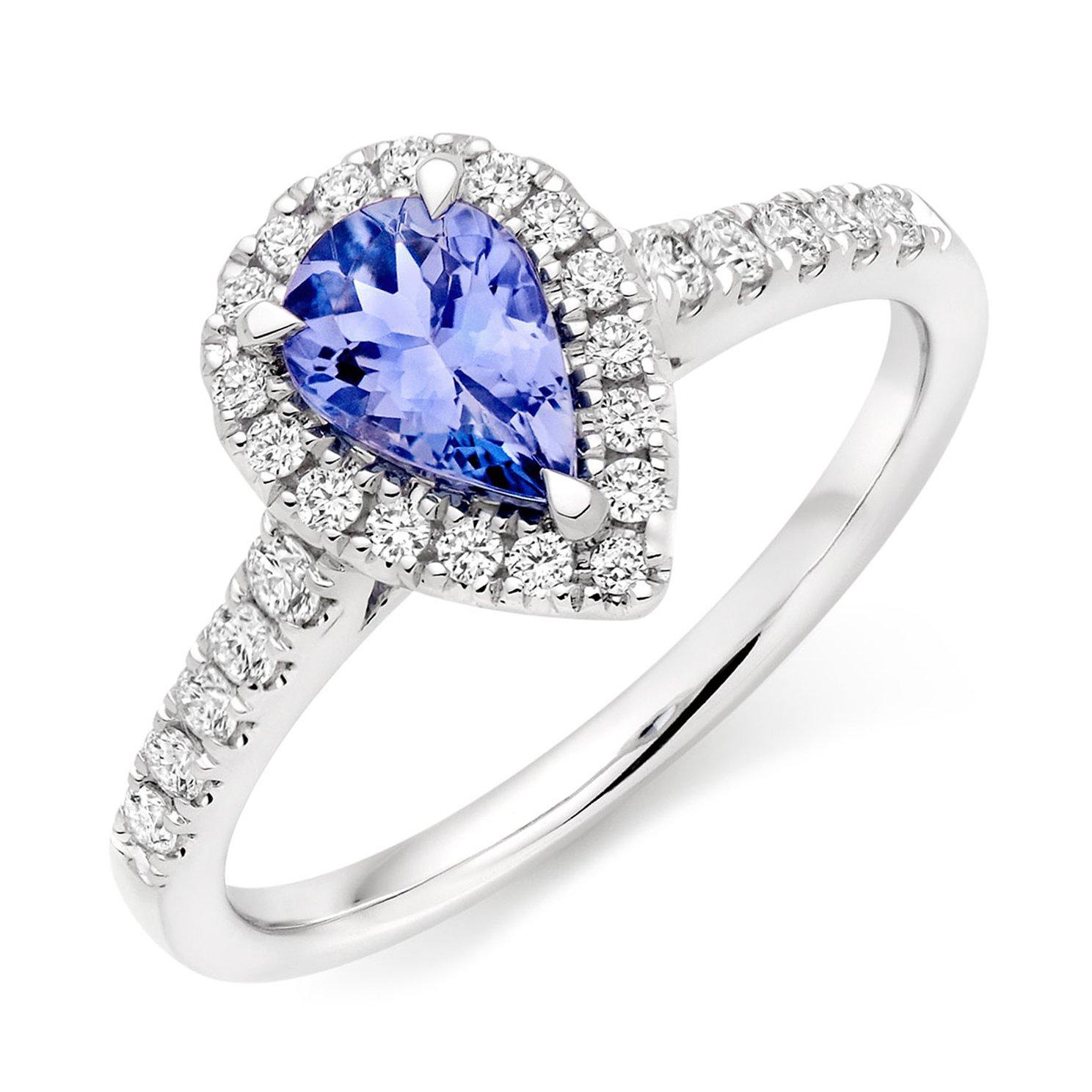 Beaverbrooks 18ct White Gold Diamond Tanzanite Pear Shaped Halo Ring
