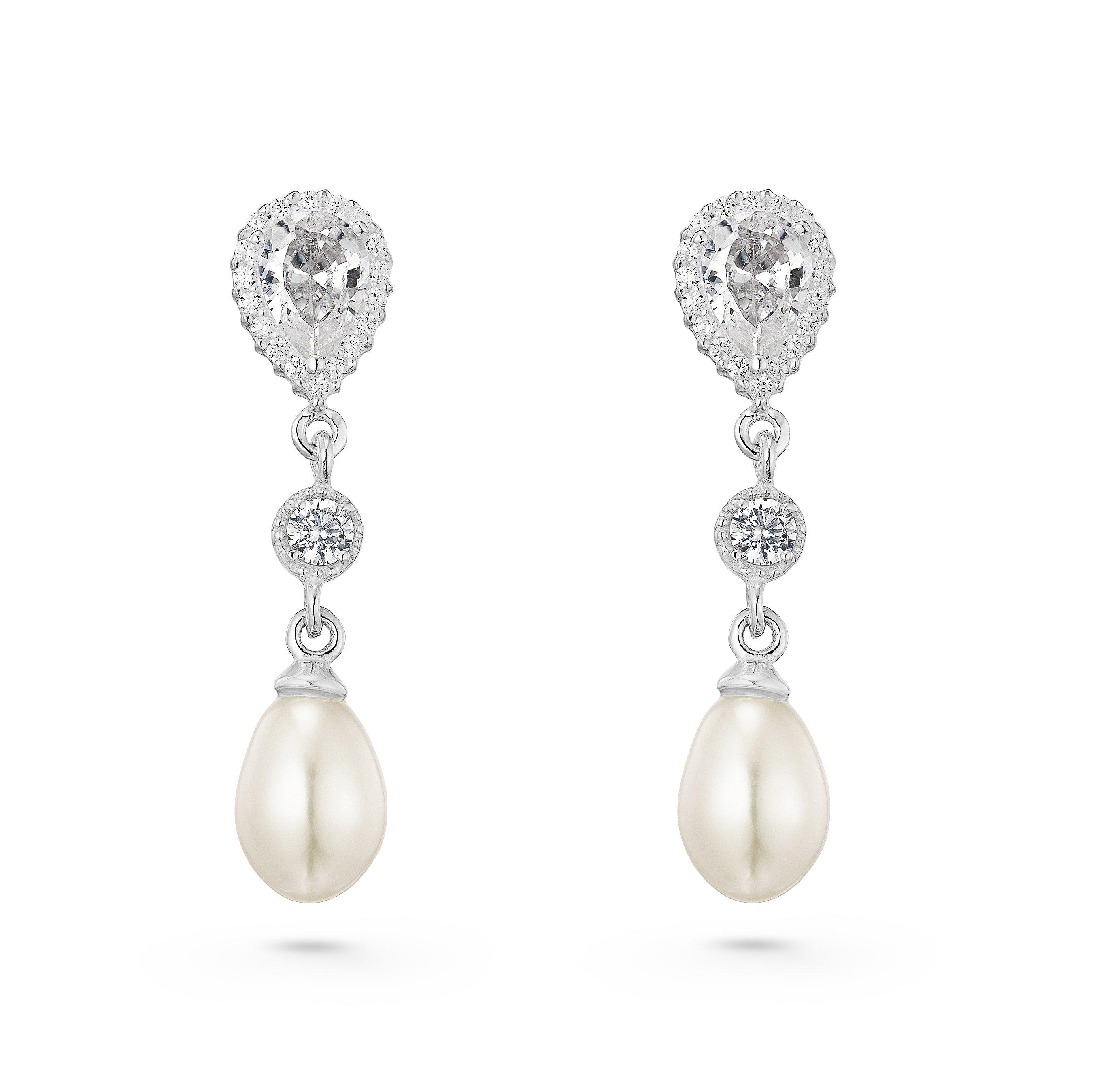 Beaverbrooks Silver Cubic Zirconia Freshwater Cultured Pearl Drop Earrings