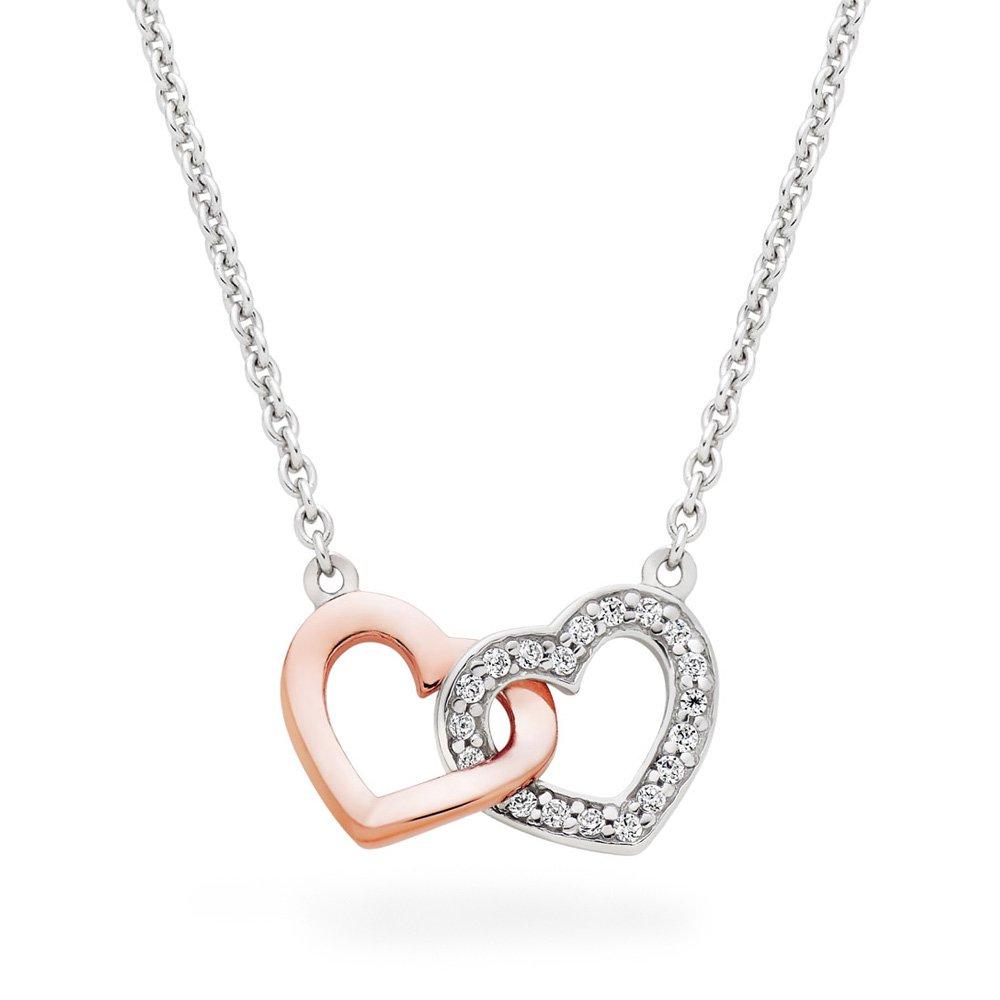 Beaverbrooks Silver and Rose Gold Plated Cubic Zirconia Double Heart Necklace