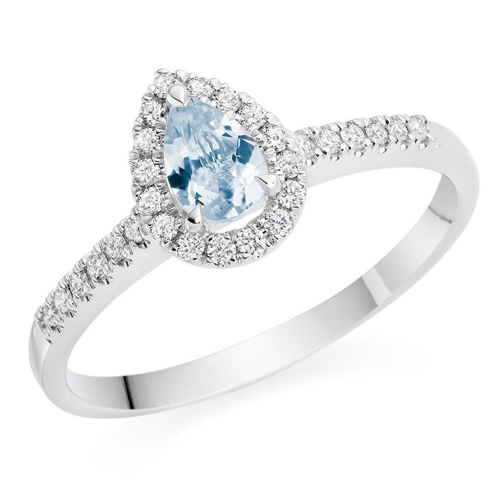Beaverbrooks 18ct White Gold Diamond Aquamarine Pear Shaped Halo Ring