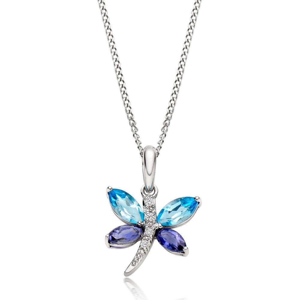 Beaverbrooks 9ct White Gold Diamond, Blue Topaz and Iolite Butterfly Pendant