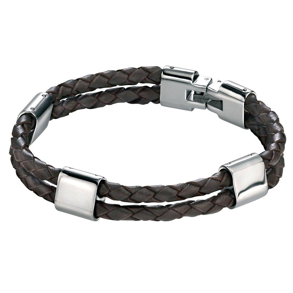 Beaverbrooks Men's Steel and Brown Leather Bracelet
