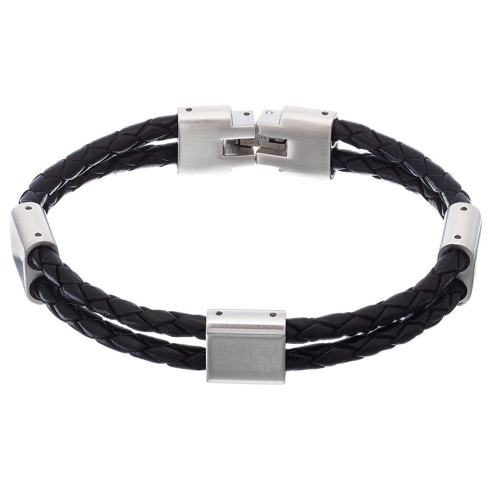 Beaverbrooks Steel and Black Leather Men's Bracelet