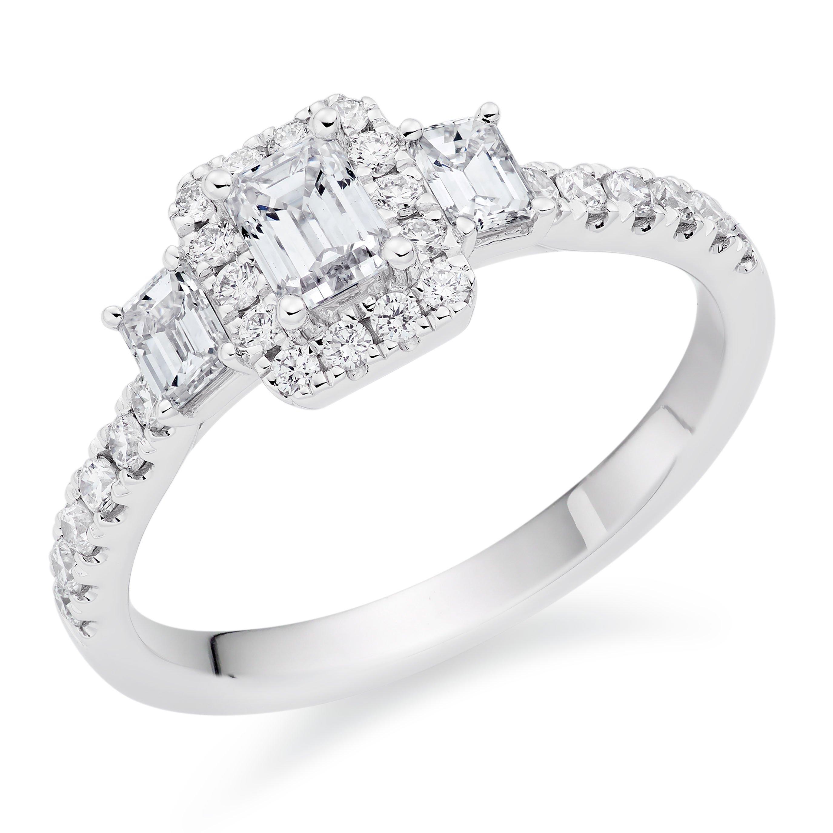 Beaverbrooks Platinum Diamond Emerald Cut Three Stone Halo Ring