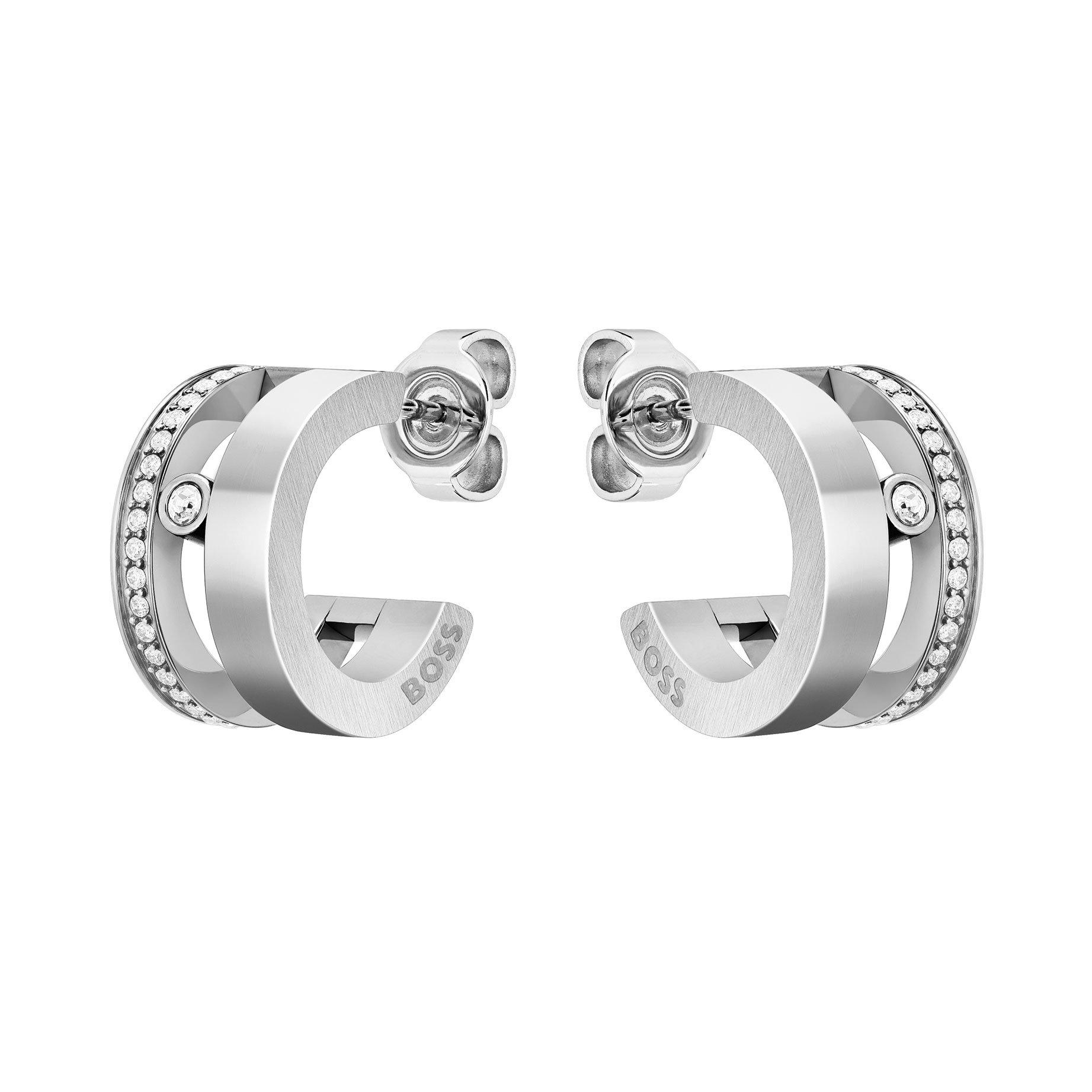 BOSS Stainless Steel Crystal Hoop Earrings